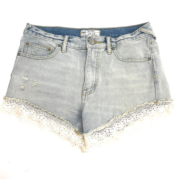 Free People Jean Shorts Womens 26 Distressed High Waist Lace Trim Boho Festival - Picture 1 of 7